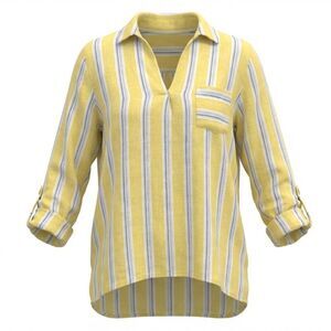 J JILL WOMENS LINEN BLOUSE YELLOW WITH BLUE WHITE STRIPES SIZE L
